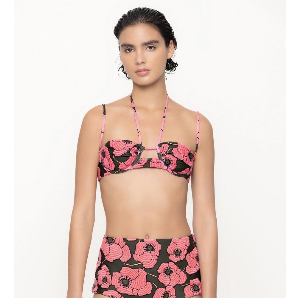Agua Soya Botanico Rosa Embroidered Bikini Top Swimwear Beach Resort Preppy XS